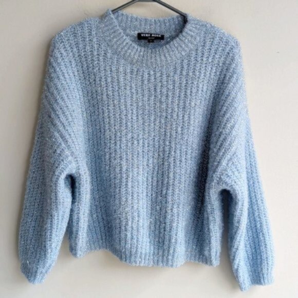 Blue silver tinsel metallic knit sweater - Picture 1 of 5